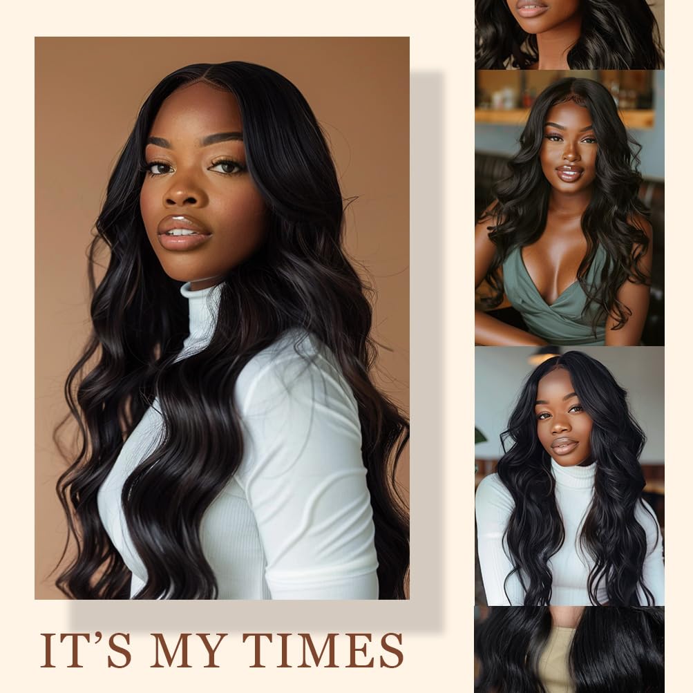 Style Icon HD Lace Front Wig 26 Inch Long Body Wave Black Wigs Synthetic Fiber Pre Plucked Baby Hair Central Parting(26 Inches, 1B)