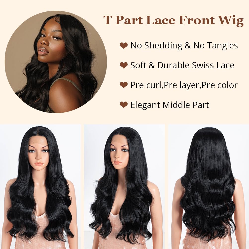 Style Icon HD Lace Front Wig 26 Inch Long Body Wave Black Wigs Synthetic Fiber Pre Plucked Baby Hair Central Parting(26 Inches, 1B)