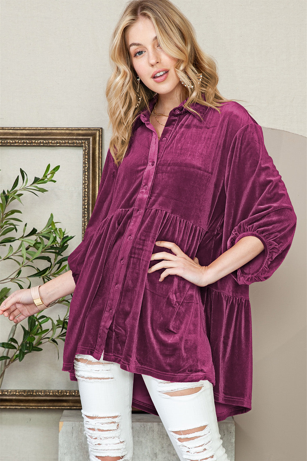 Chestnut Lantern Sleeve Tunic Babydoll Velvet Shirt