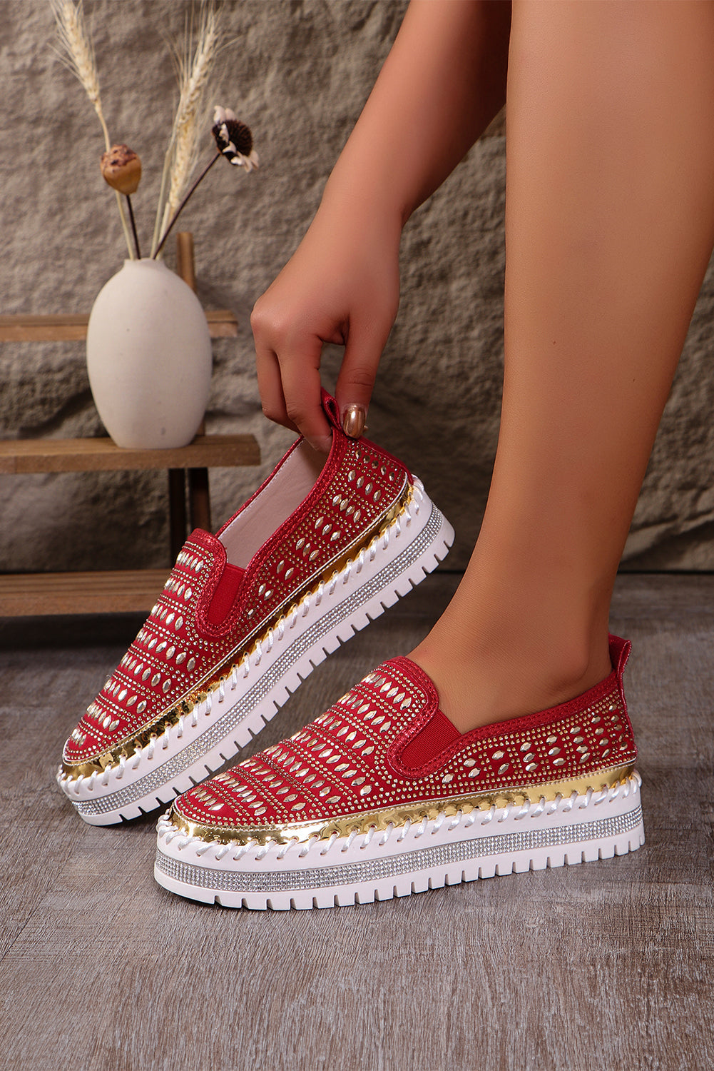 Fiery Red Shining Sequin Slip-On Sneakers