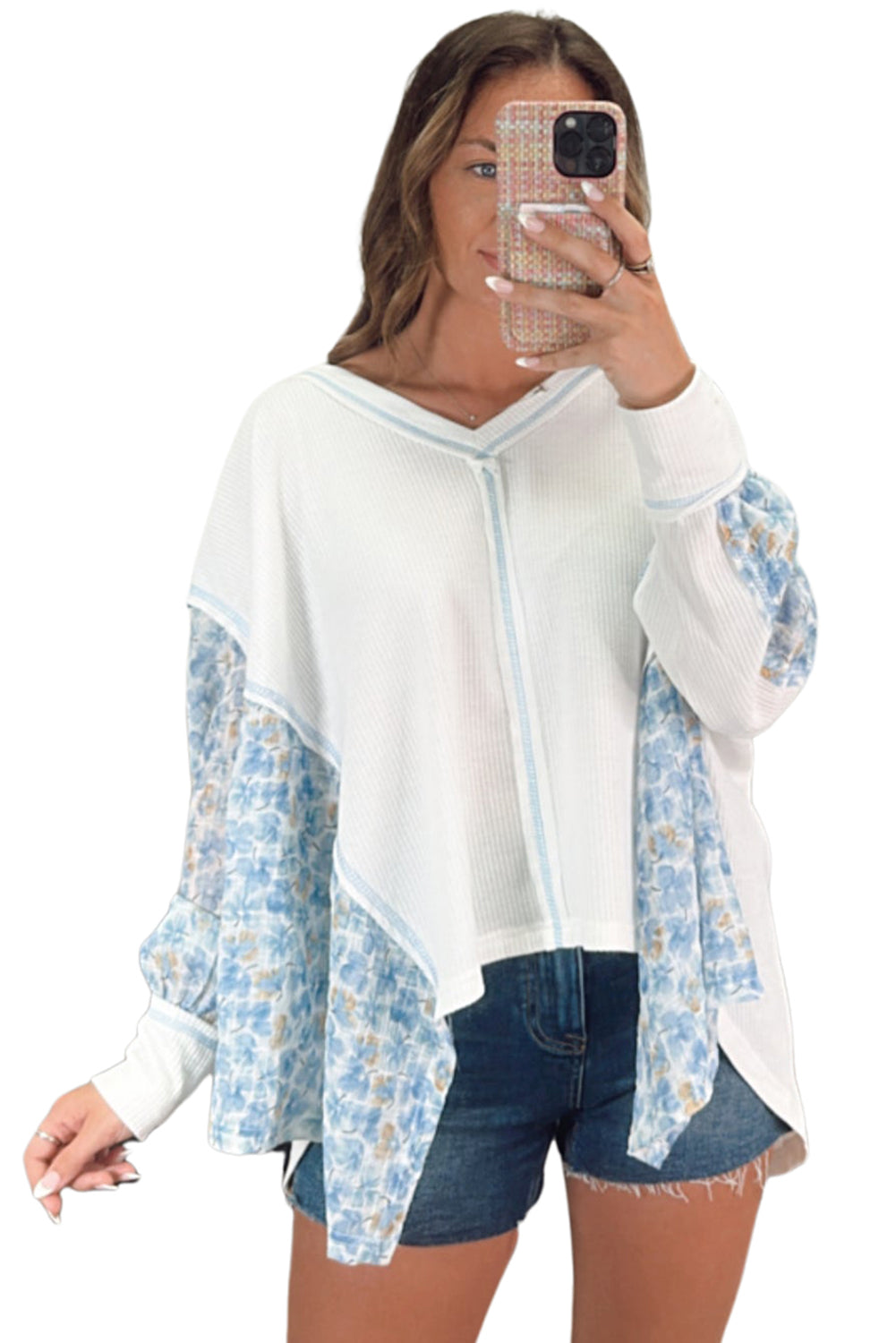 White Abstract Patchwork Waffle V Neck Dolman Top