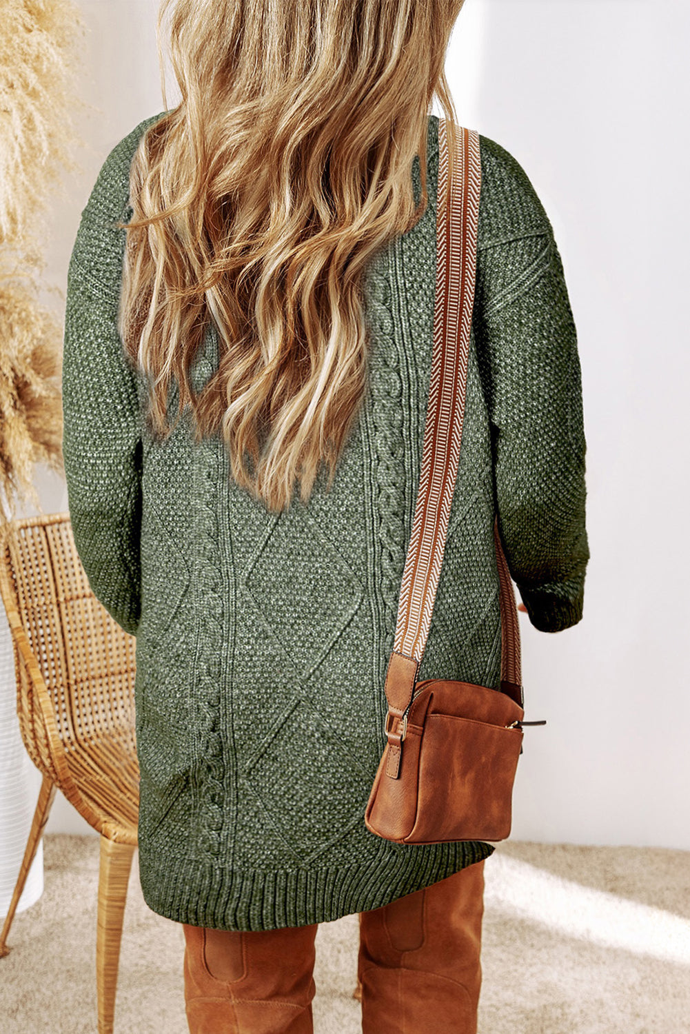 Coffee Cable Knit Drop Shoulder Loose Fit Sweater Dress