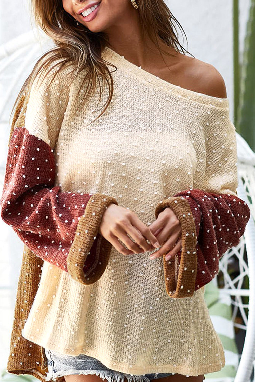 Beige Swiss Dot Drop Shoulder Patchwork Loose Knit Top