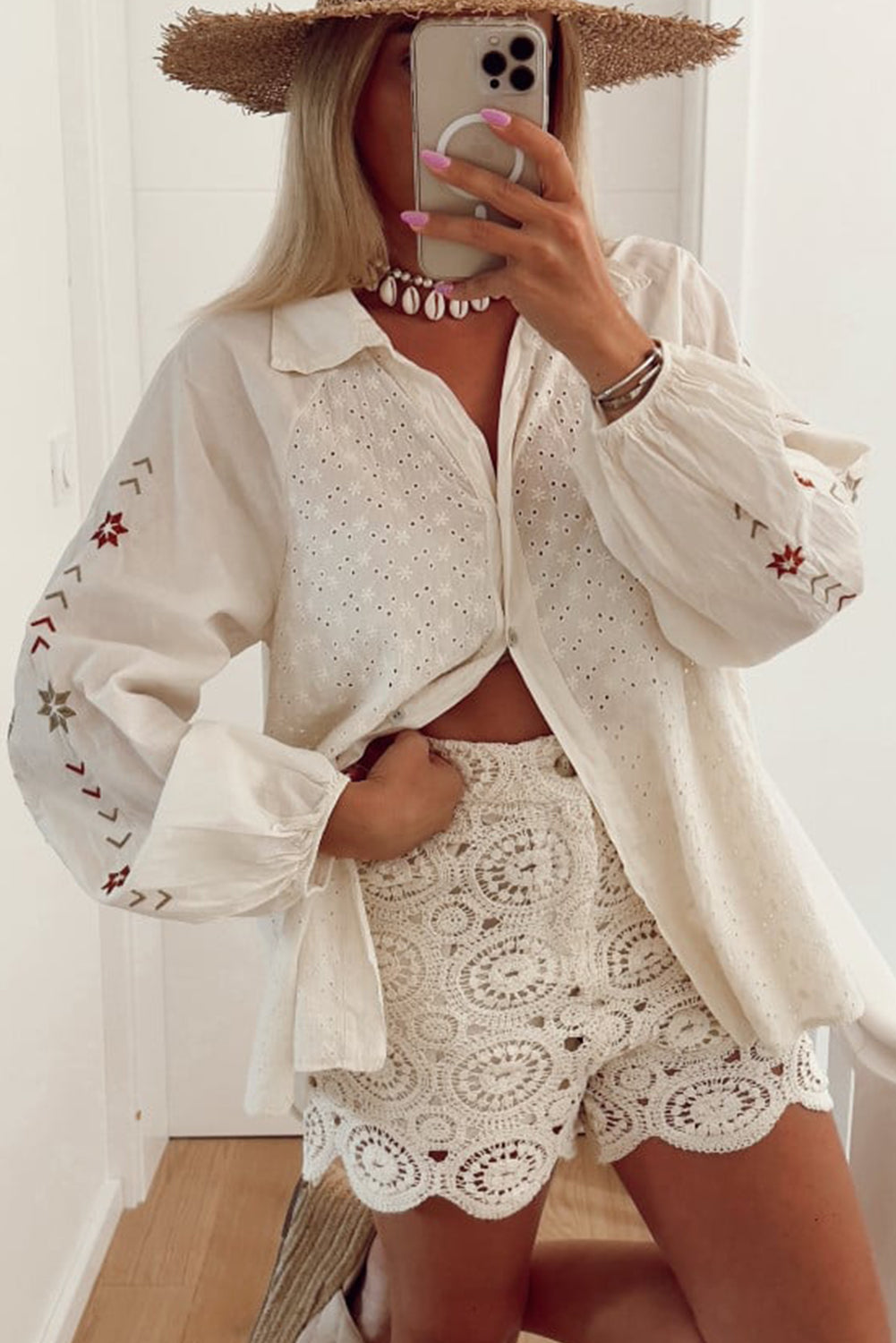 White Floral Embroidered Puff Sleeve Eyelet Patchwork Shirt