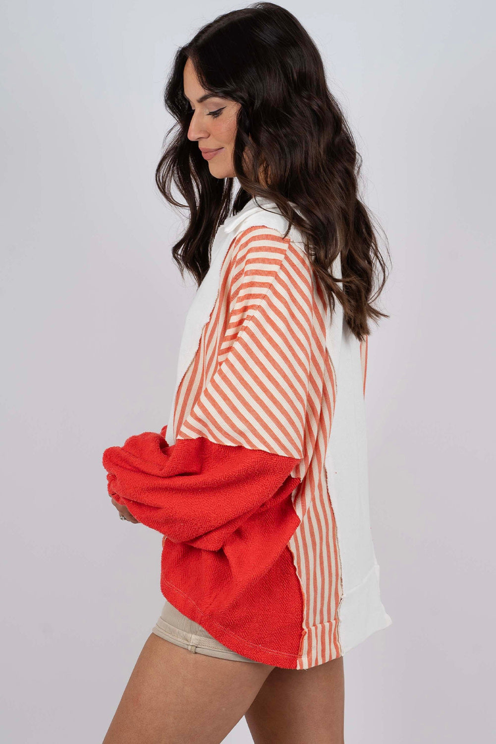 White Striped Color Block Collared V Neck Oversized Sweatshirt