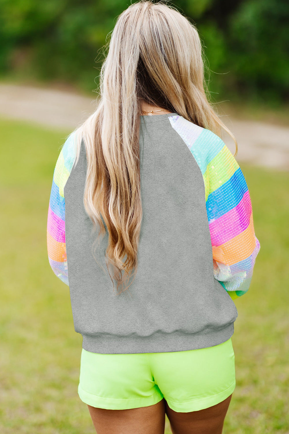 Gray Sequin Color Block Long Sleeve Pullover Sweatshirt