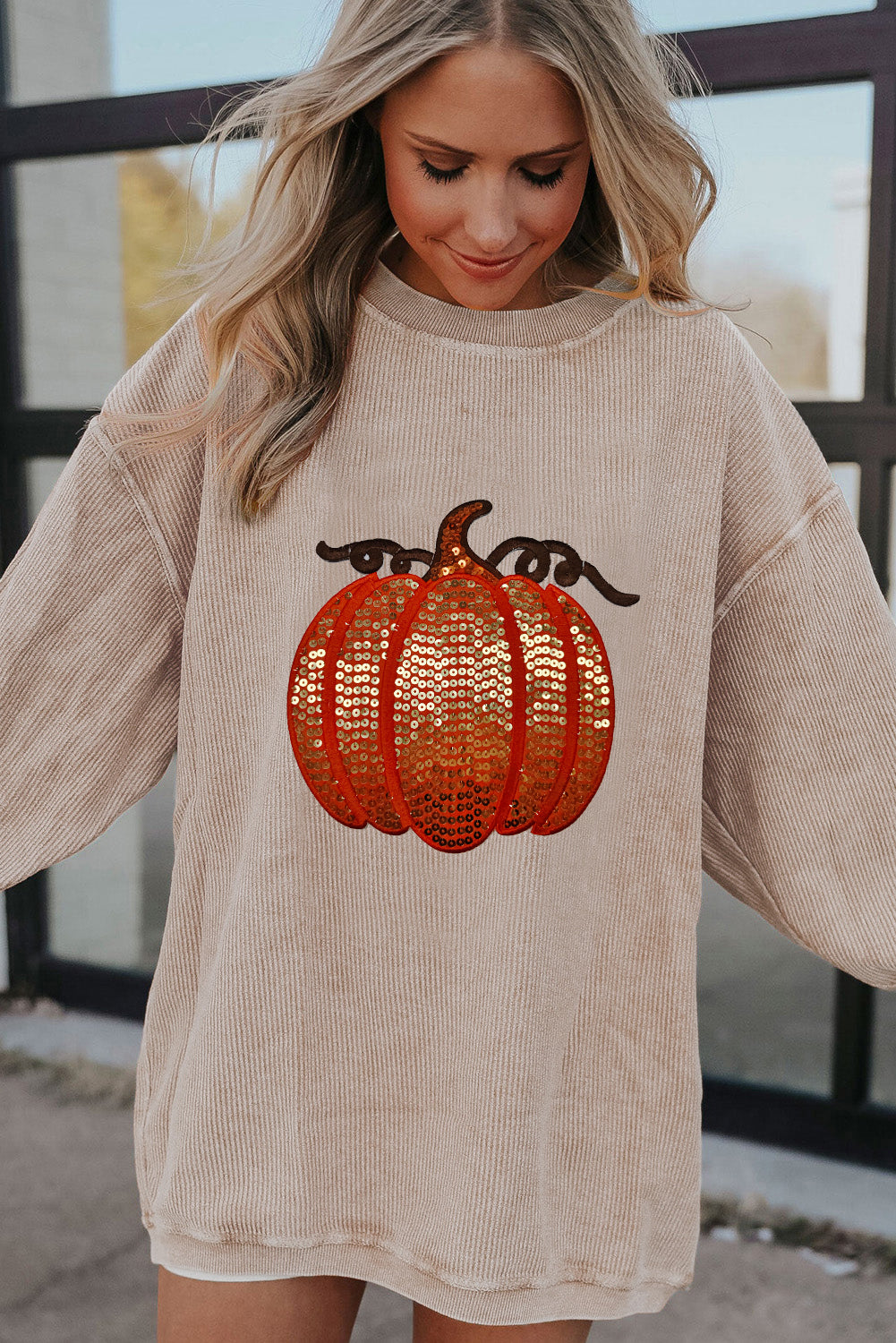 Grass Green Crinkle Ribbed Sequin Pumpkin Graphic Sweatshirt