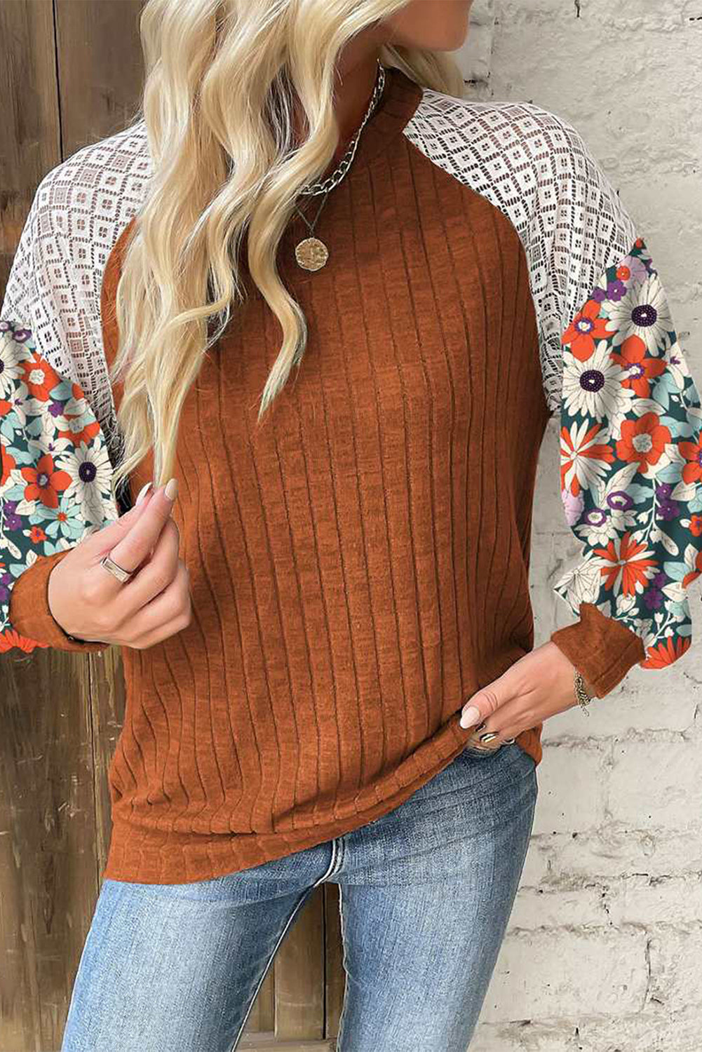 Cinnamon Floral Patchwork Raglan Sleeve Ribbed Top