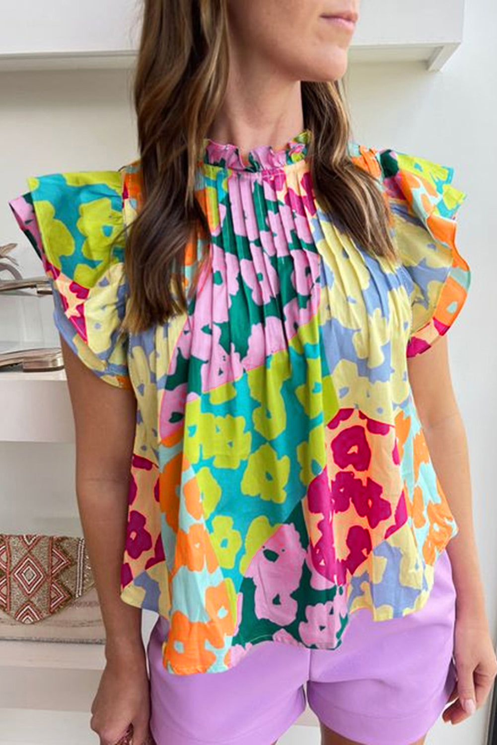 Multicolor Abstract Print Layered Ruffle Sleeve Pleated Blouse