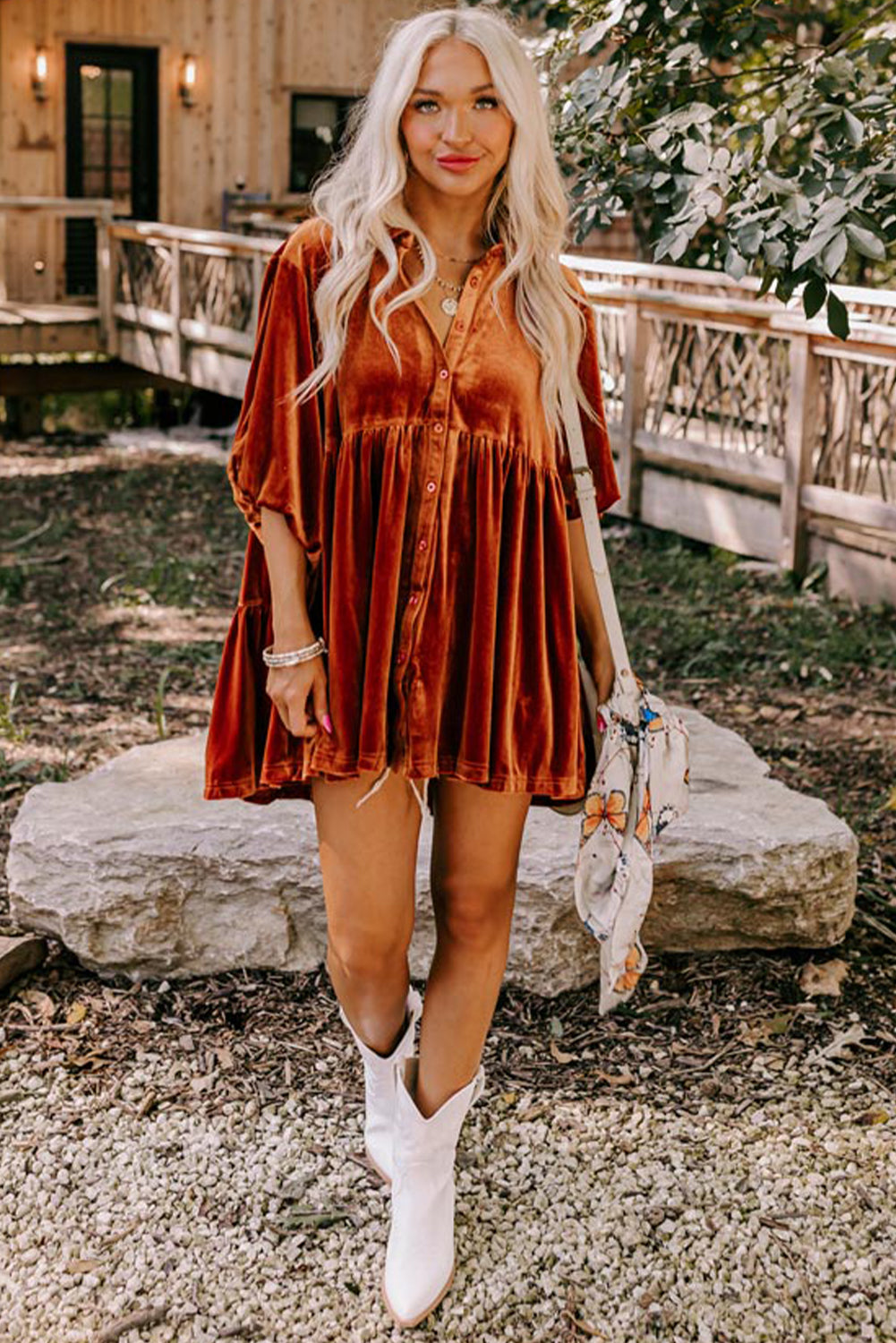 Chestnut Lantern Sleeve Tunic Babydoll Velvet Shirt