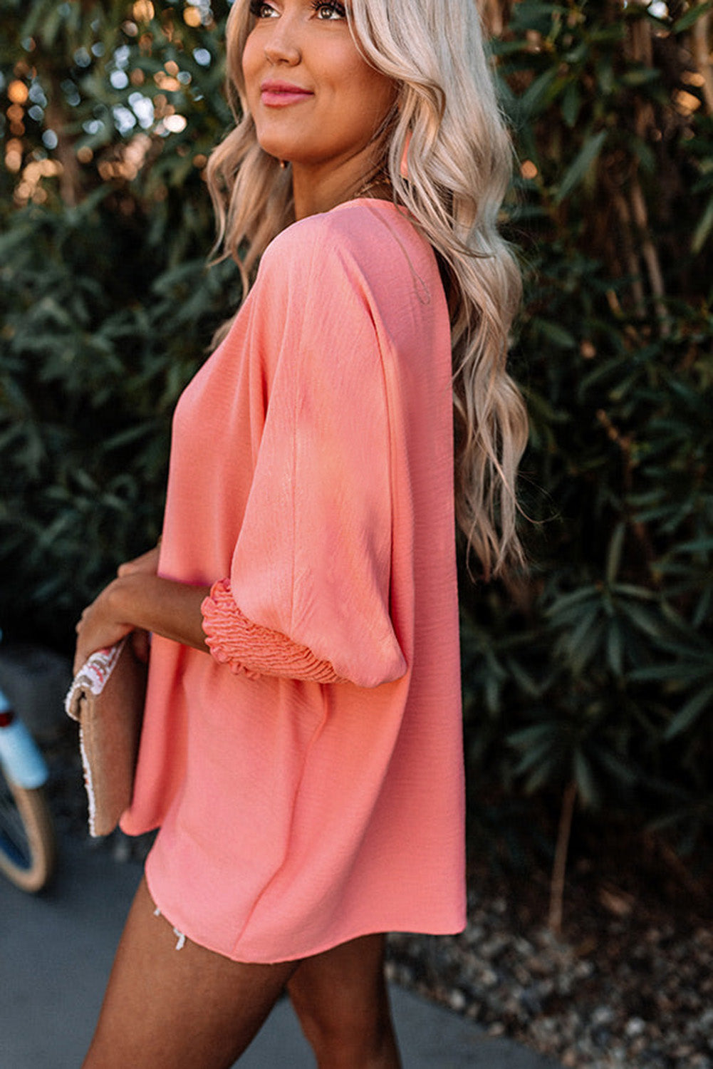 Pink Casual Shirred Cuffs Half Sleeve Blouse