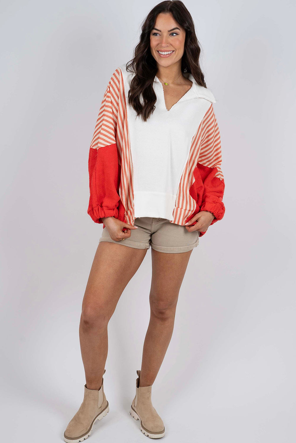 White Striped Color Block Collared V Neck Oversized Sweatshirt