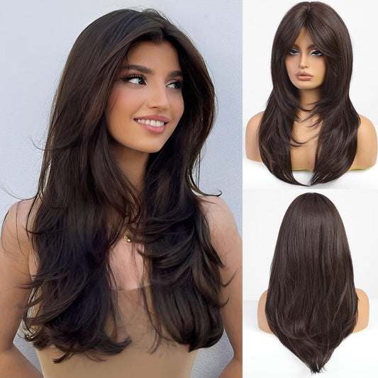 EMMOR Brown Wigs for Women,Long Layered Wigs with Curtain Bangs Heat Resistant Synthetic Fibre Wigs(Dark Brown)