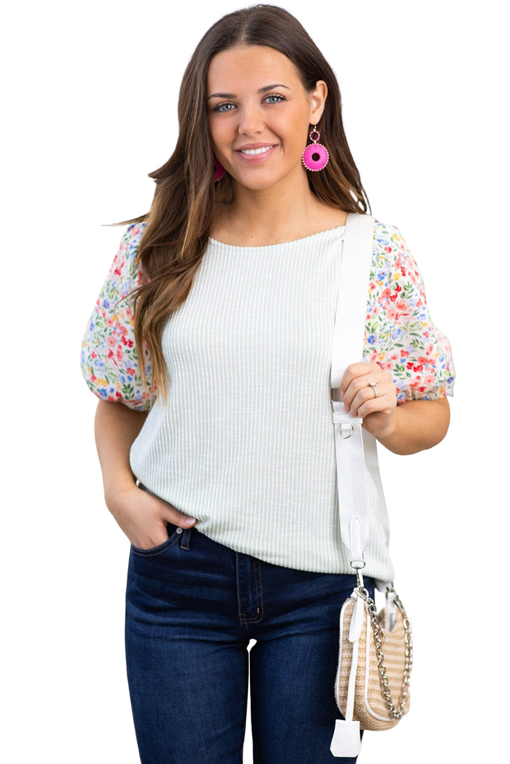 White Contrast Floral Puff Sleeve Ribbed Plus Size Blouse