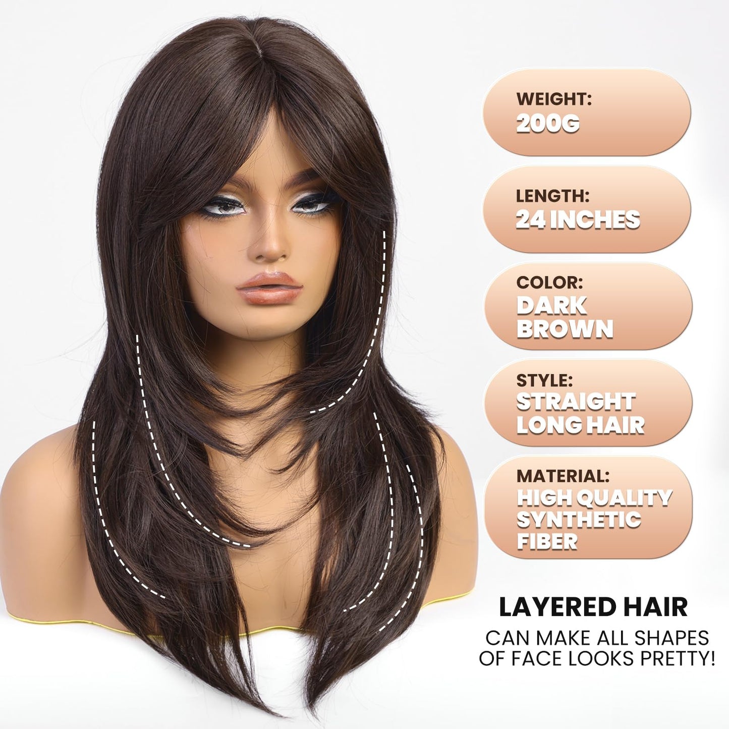 EMMOR Brown Wigs for Women,Long Layered Wigs with Curtain Bangs Heat Resistant Synthetic Fibre Wigs(Dark Brown)