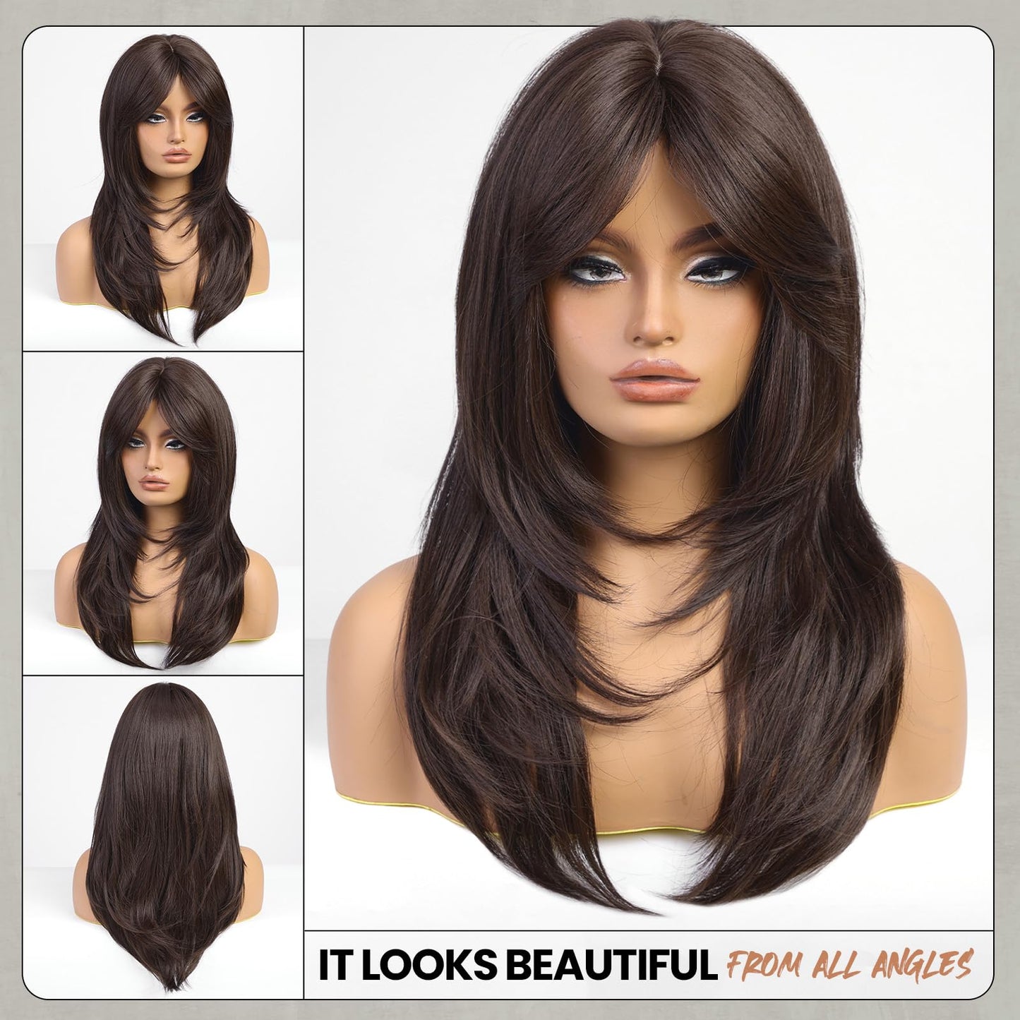 EMMOR Brown Wigs for Women,Long Layered Wigs with Curtain Bangs Heat Resistant Synthetic Fibre Wigs(Dark Brown)