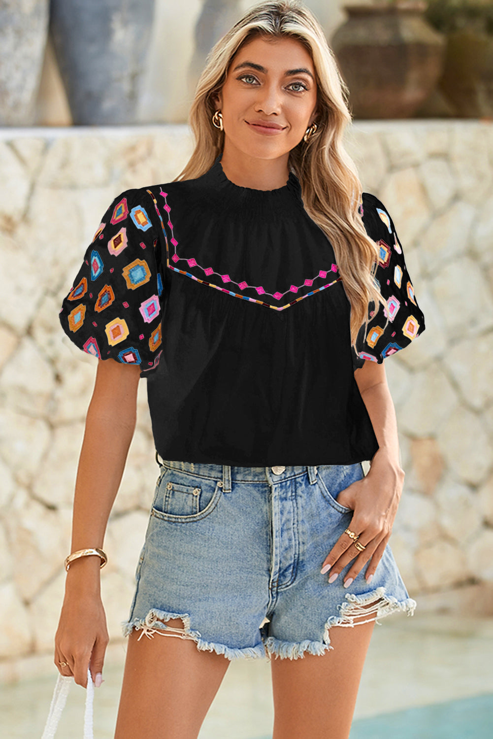 White Geometric Embroidered Smocked Neck Puff Sleeve Top