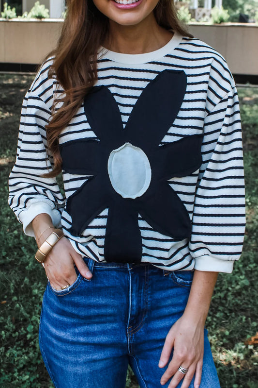 PRE ORDER Black White Striped 60s Flower 3/4 Sleeve Top