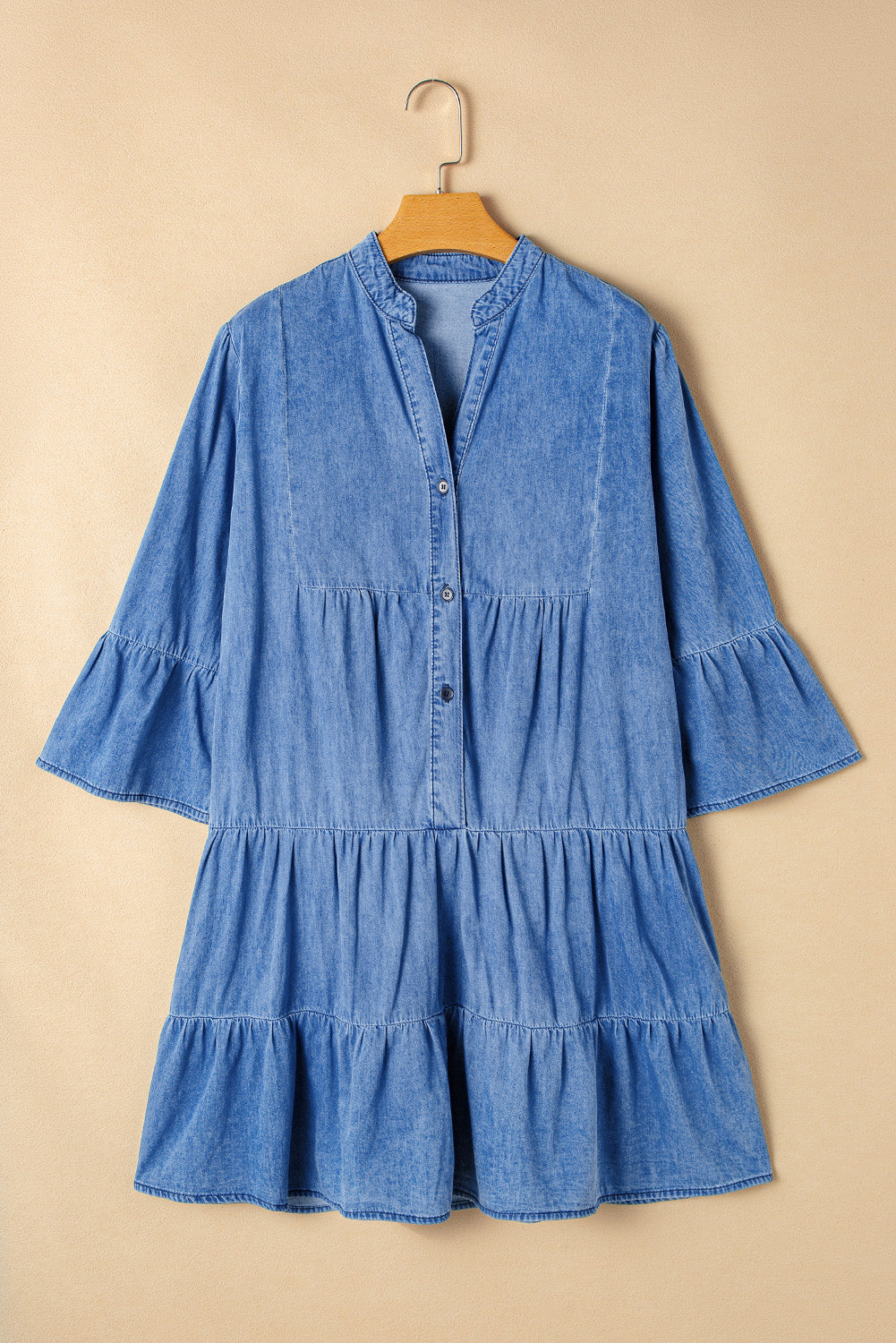 Black Chambray Ruffled 3/4 Sleeve Tiered Split V Neck Mini Dress