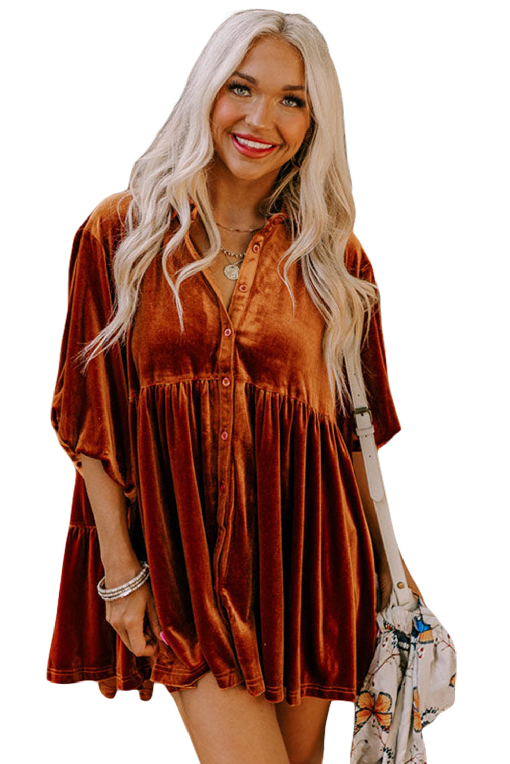 Chestnut Lantern Sleeve Tunic Babydoll Velvet Shirt