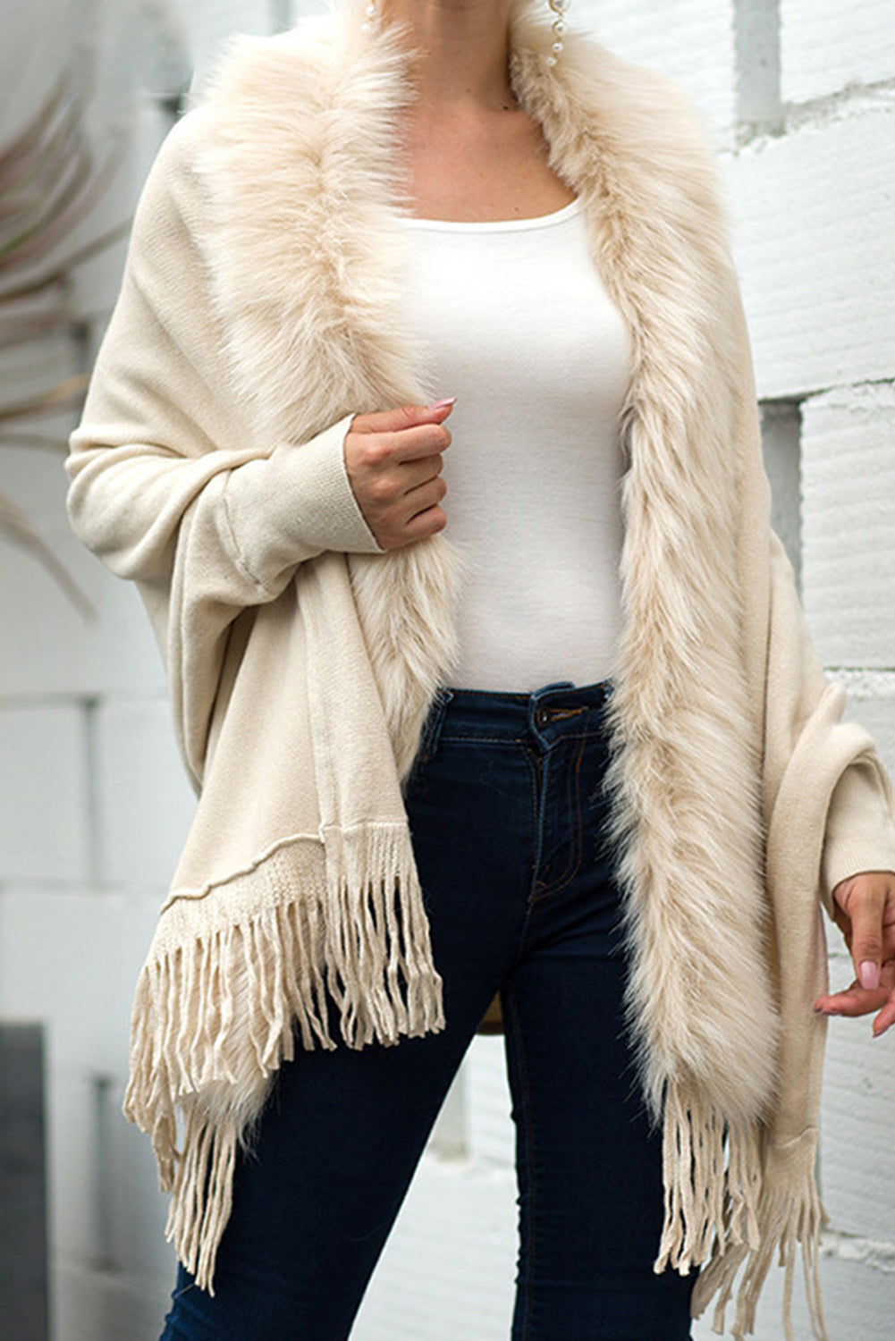 Apricot Solid Color Fringe Fur Collar Knit Sweater Poncho