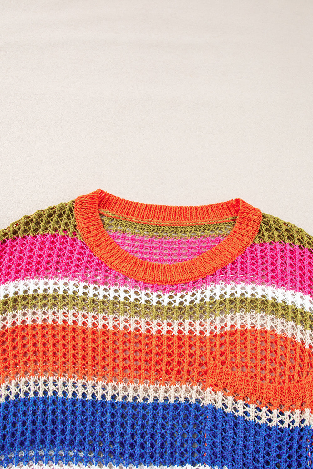 Orange Stripe Colorblock Hollowed Crochet 3/4 Sleeve Sweater