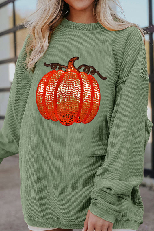 Grass Green Crinkle Ribbed Sequin Pumpkin Graphic Sweatshirt