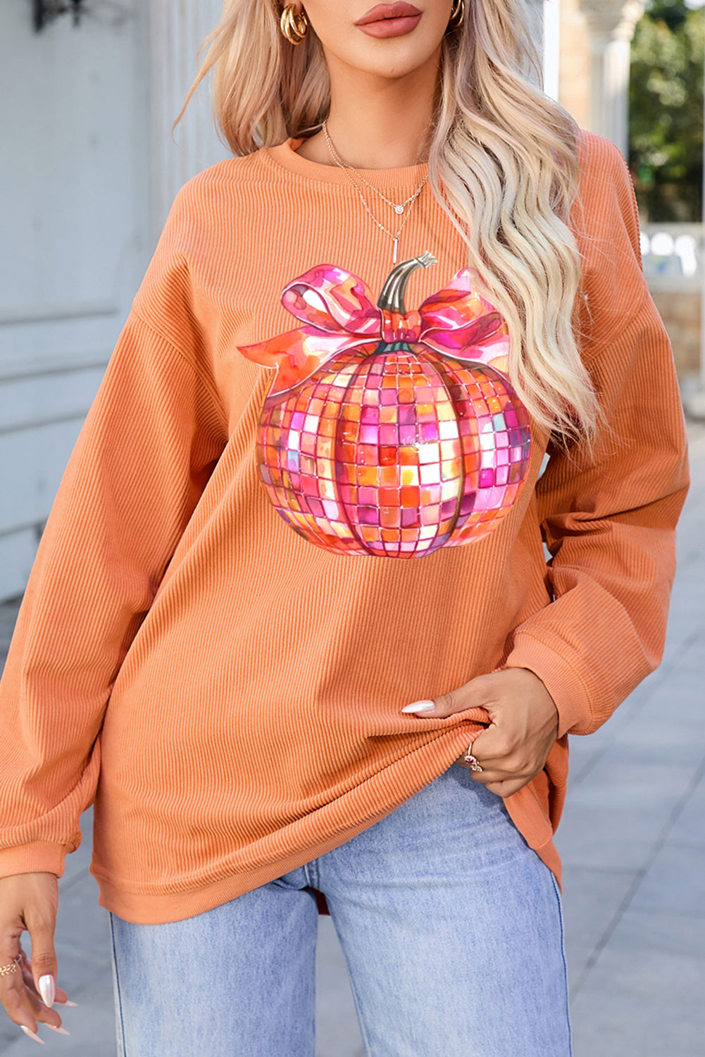 Orange-3 Bow Pumpkin Graphic Crewneck Corded Thanksgiving Sweatshirt