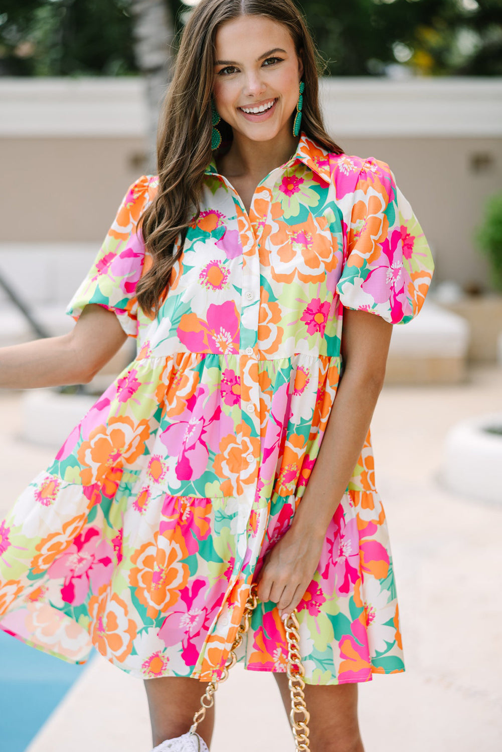 Green Floral Puff Sleeve Collar Buttoned Babydoll Dress