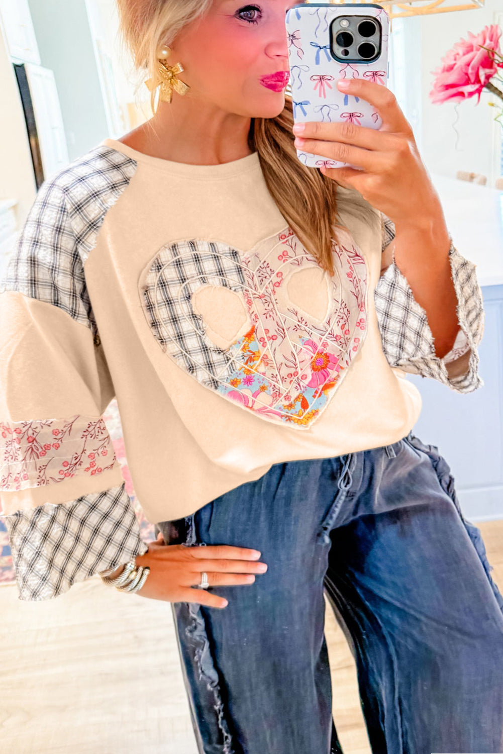 Aqua Plaid Floral Patchwork Heart Long Sleeve Top