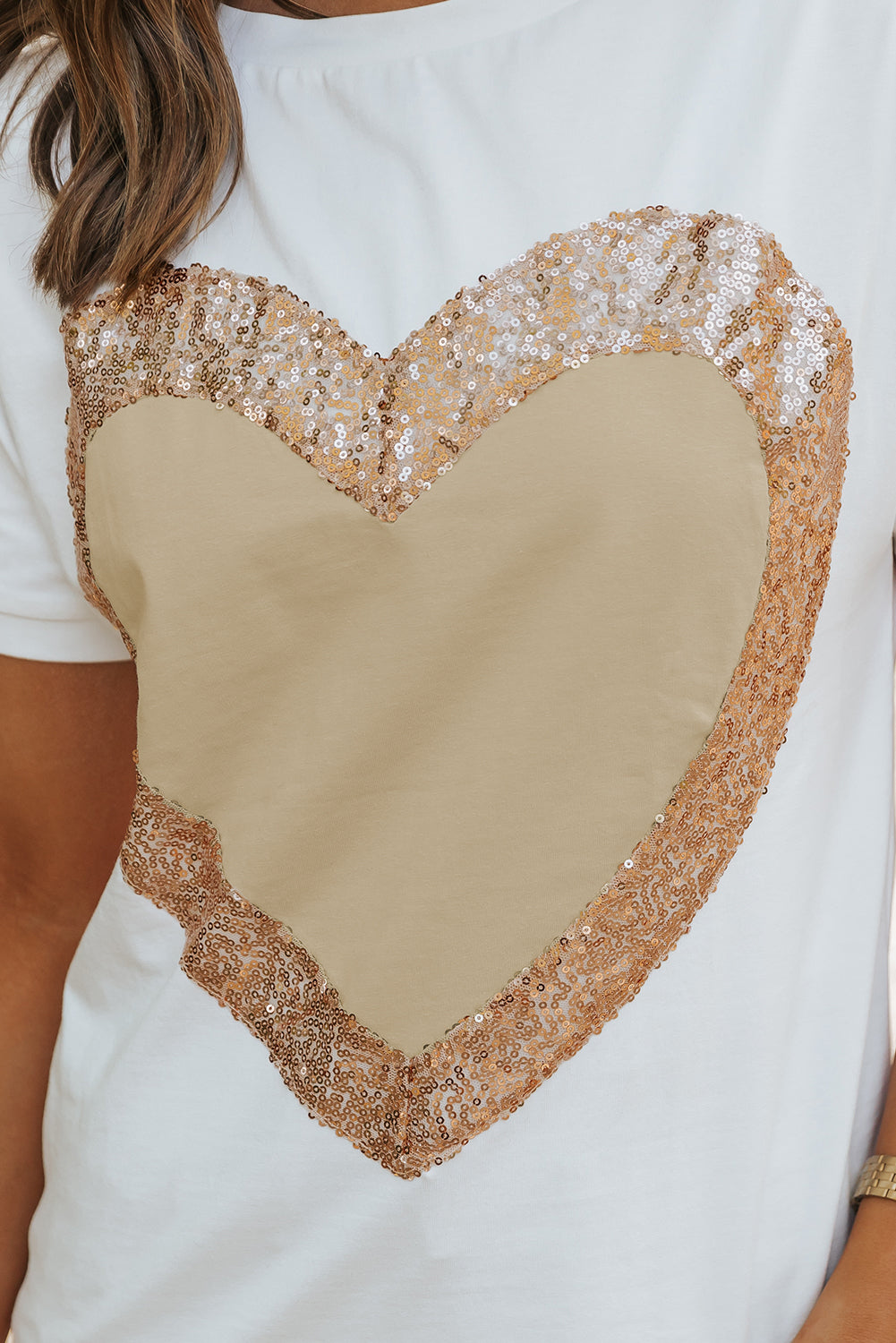 White Valentine's Day Sequined Heart Crew Neck Short Sleeve Top