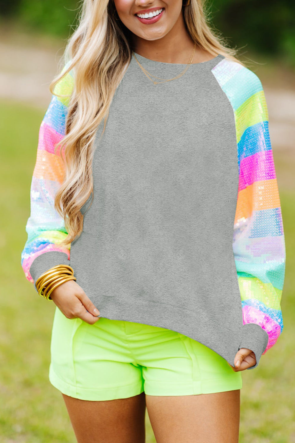 Gray Sequin Color Block Long Sleeve Pullover Sweatshirt