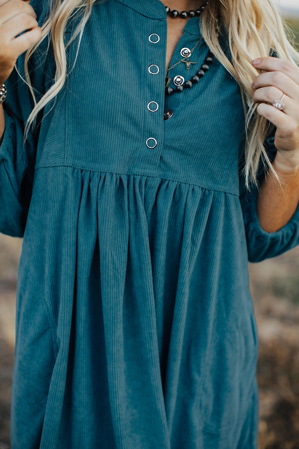 Vineyard Green Corduroy Snap Buttons Empire Waist Bracelet Sleeve Dress