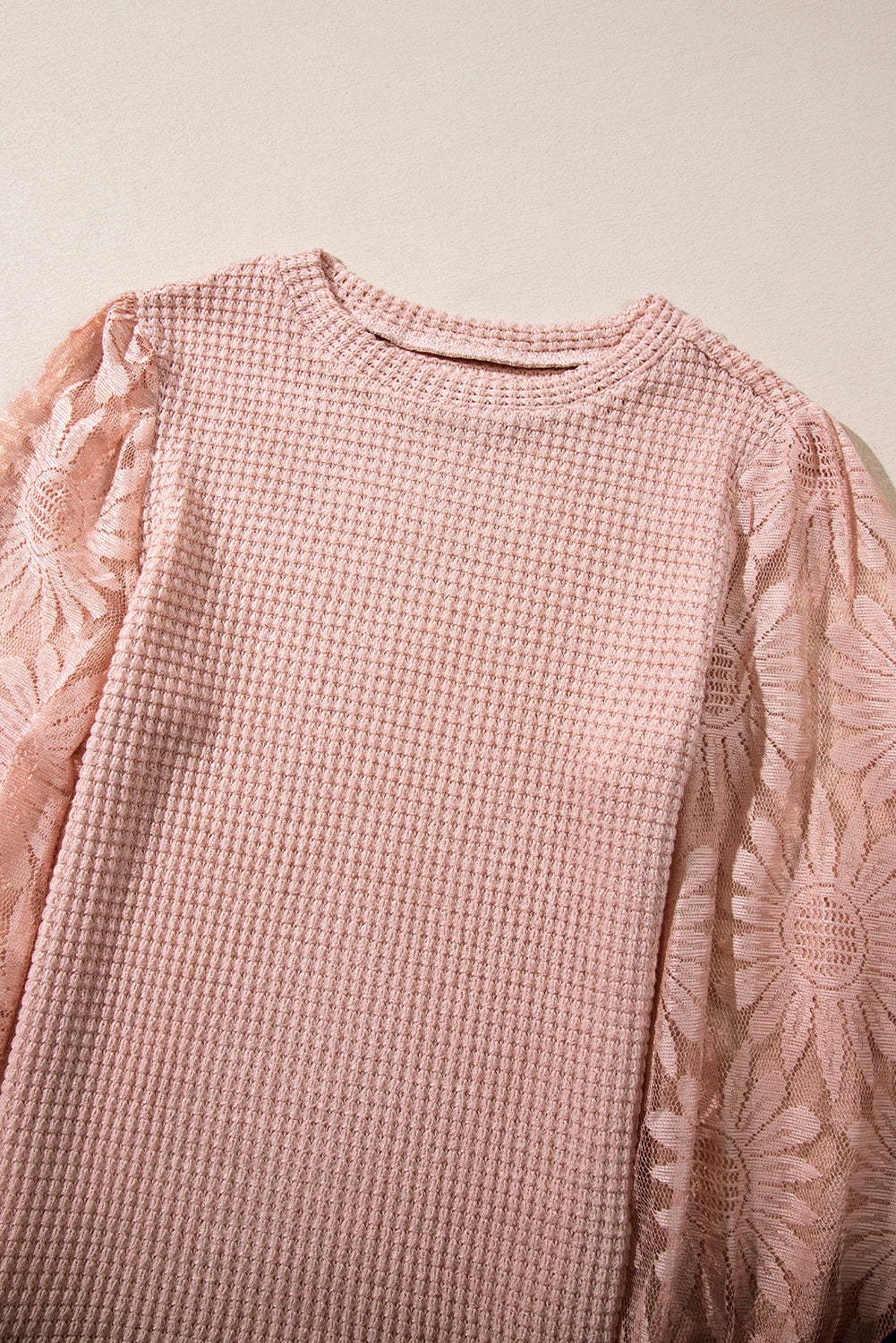 Peach Blossom Sunflower Lace Long Sleeve Waffle Knit Top