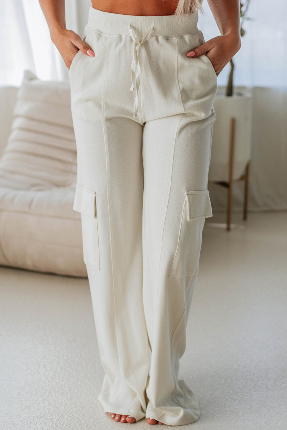 Beige Plain Cargo Pockets High Waist Casual Sweatpants