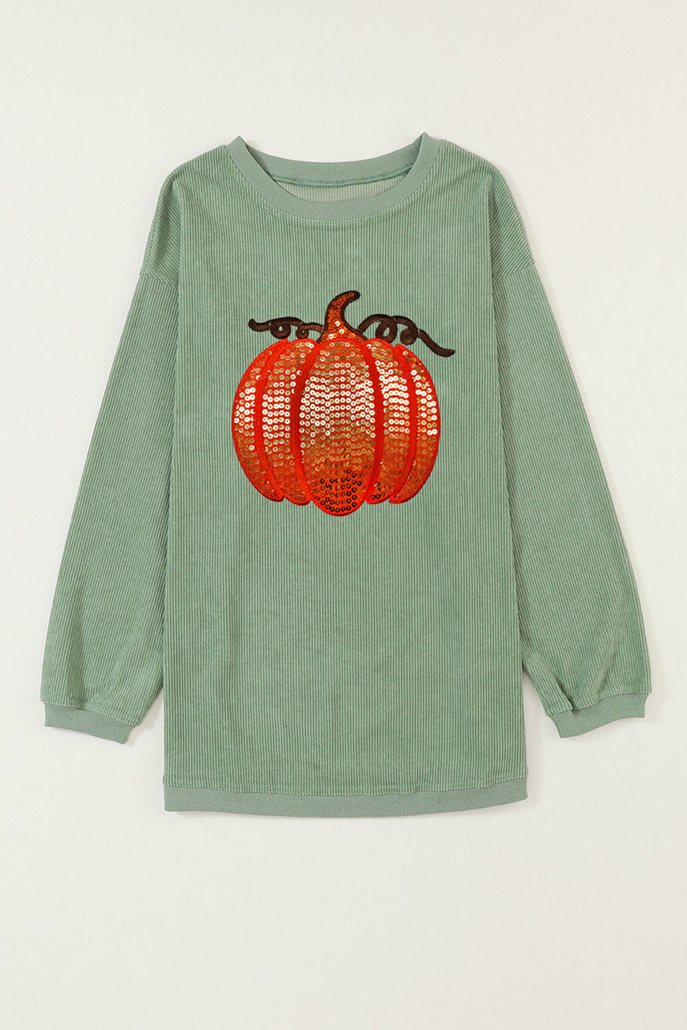 Grass Green Crinkle Ribbed Sequin Pumpkin Graphic Sweatshirt