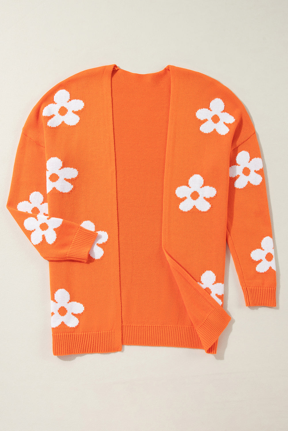 Orange Floral Print Knitted Open Front Loose Cardigan