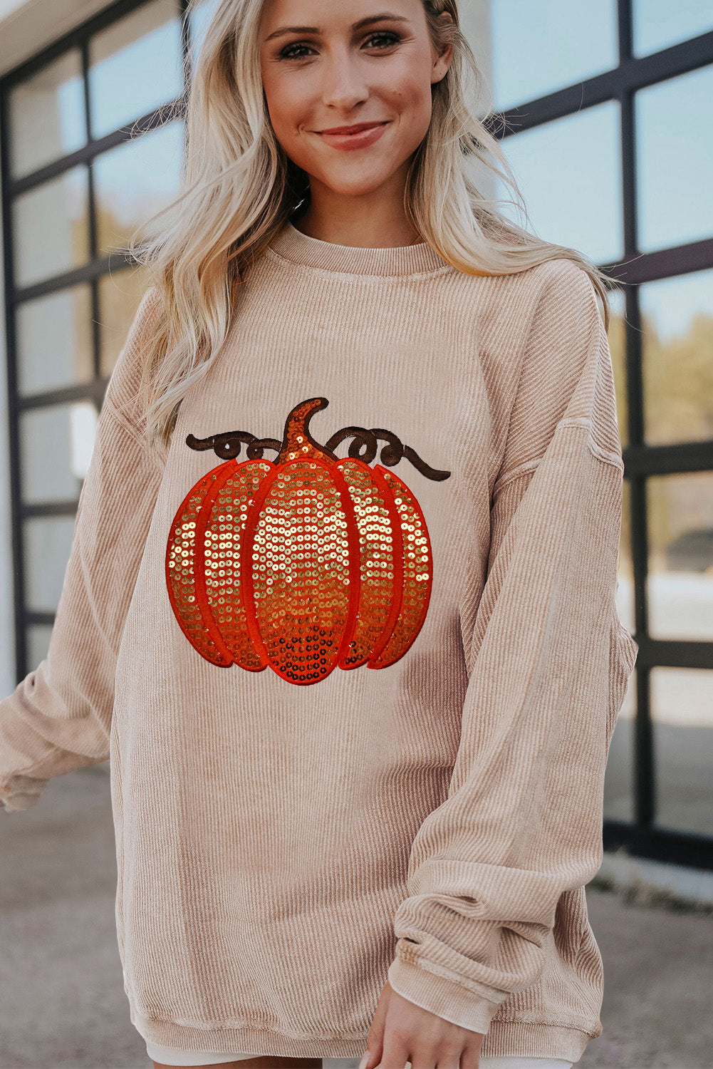 Grass Green Crinkle Ribbed Sequin Pumpkin Graphic Sweatshirt