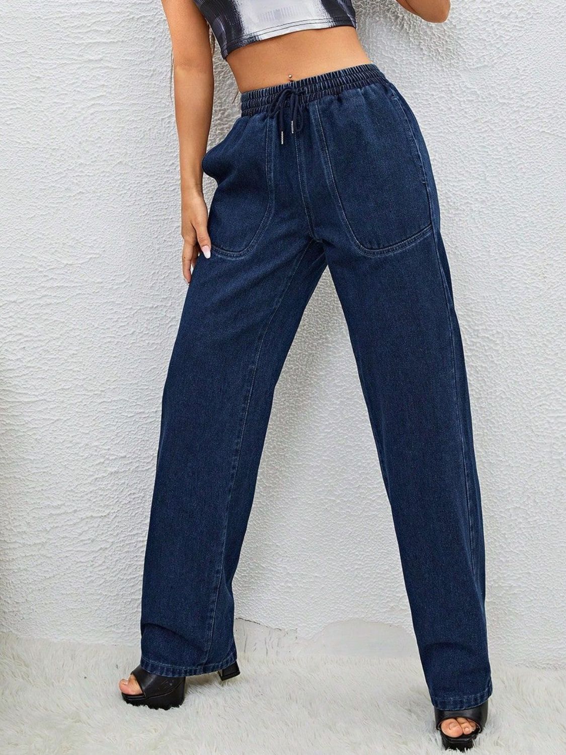 Drawstring Elastic Waist Jeans with Pockets