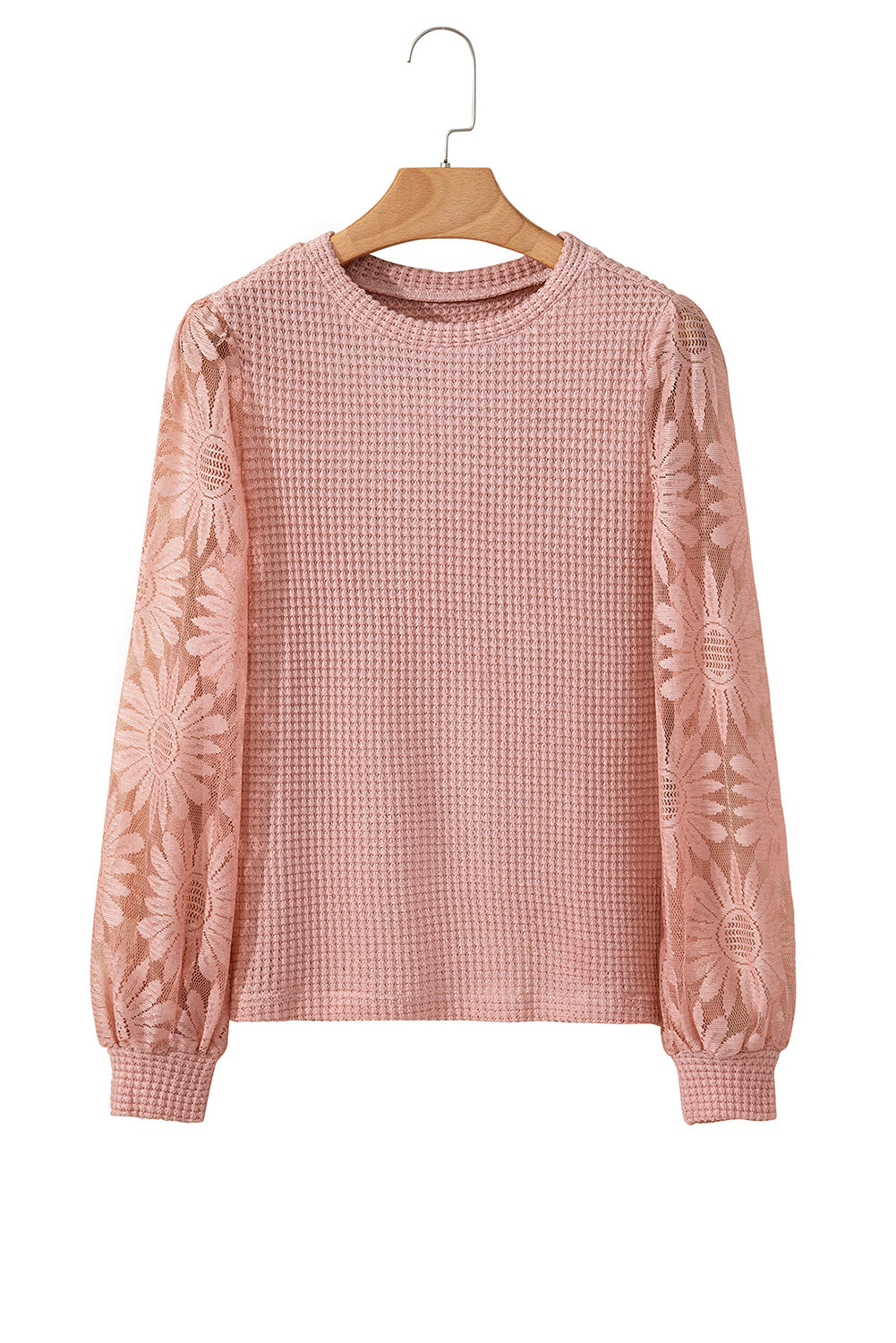 Peach Blossom Sunflower Lace Long Sleeve Waffle Knit Top