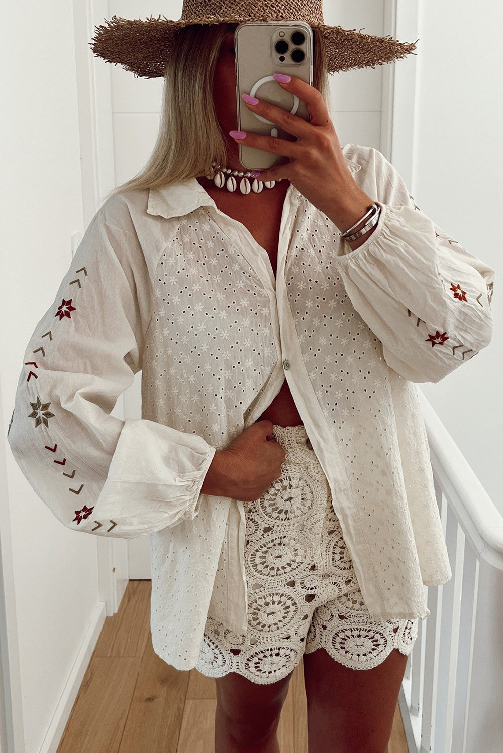 White Floral Embroidered Puff Sleeve Eyelet Patchwork Shirt