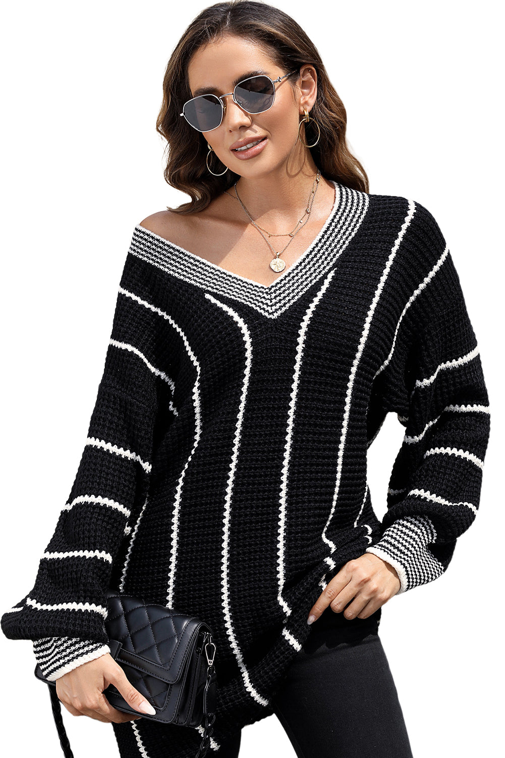 Black Colorblock Striped V Neck Knitted Loose Sweater