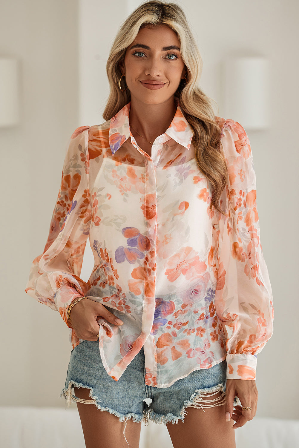 White Floral Print Buttoned Balloon Sleeve Loose Shirt