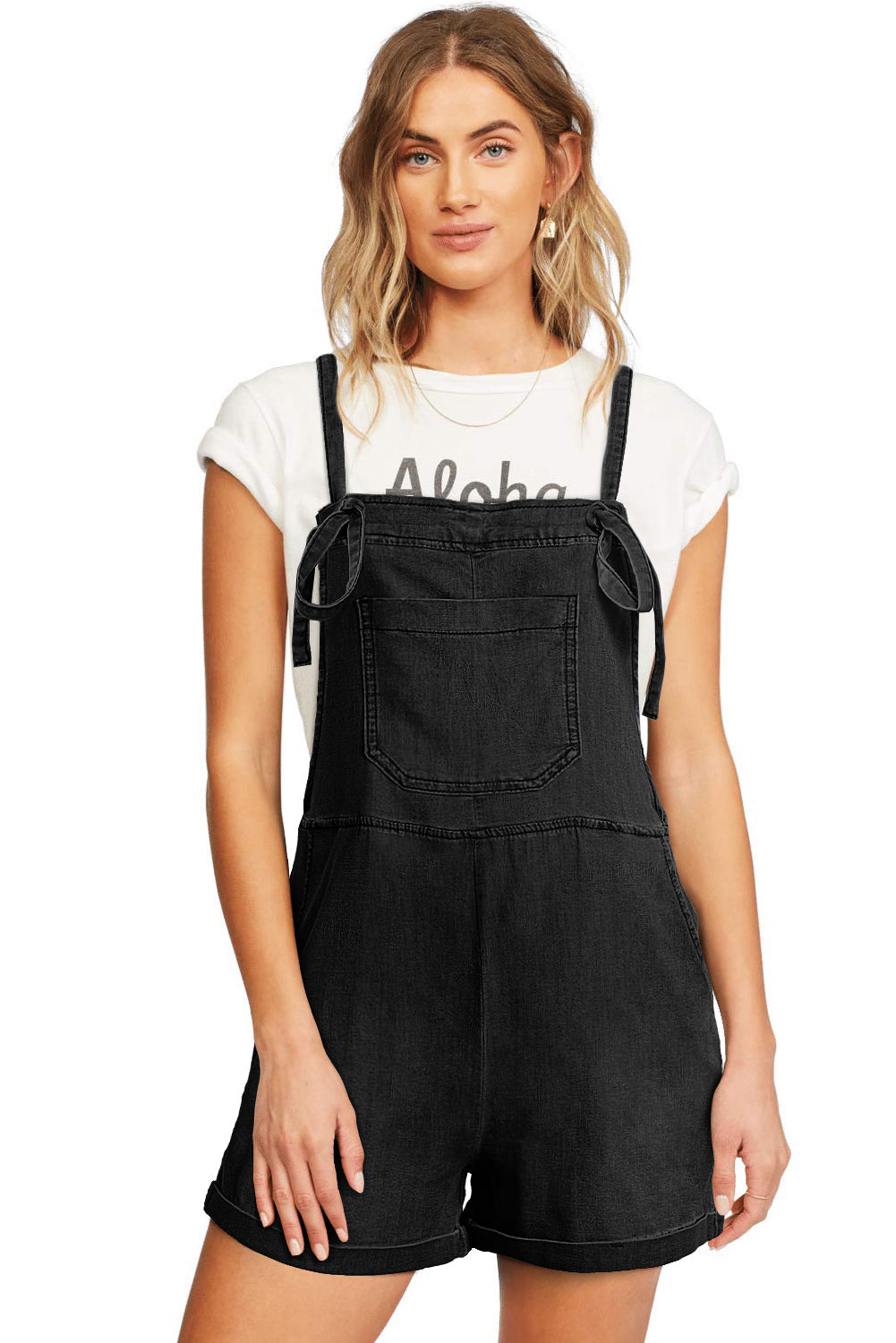 Light Blue Adjustable Knotted Straps Pocketed Denim Overalls