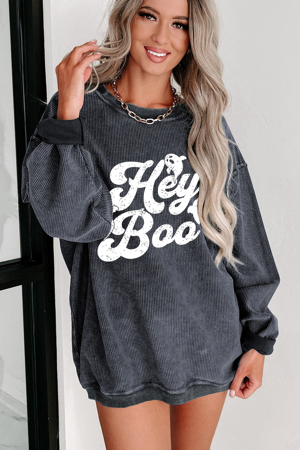 Gray Corded Hey Boo Ghost Graphic Drop Shoulder Halloween Sweatshirt