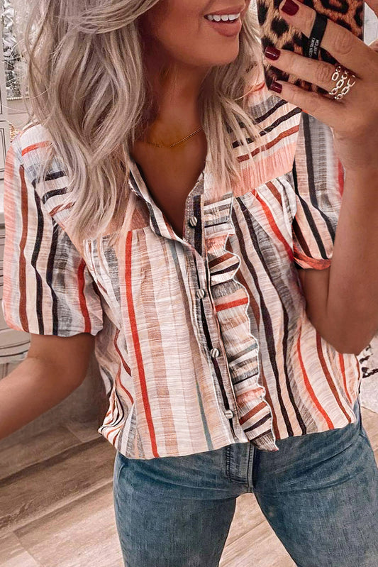 Khaki Stripe Multicolor Frilled Short Sleeve Shirt