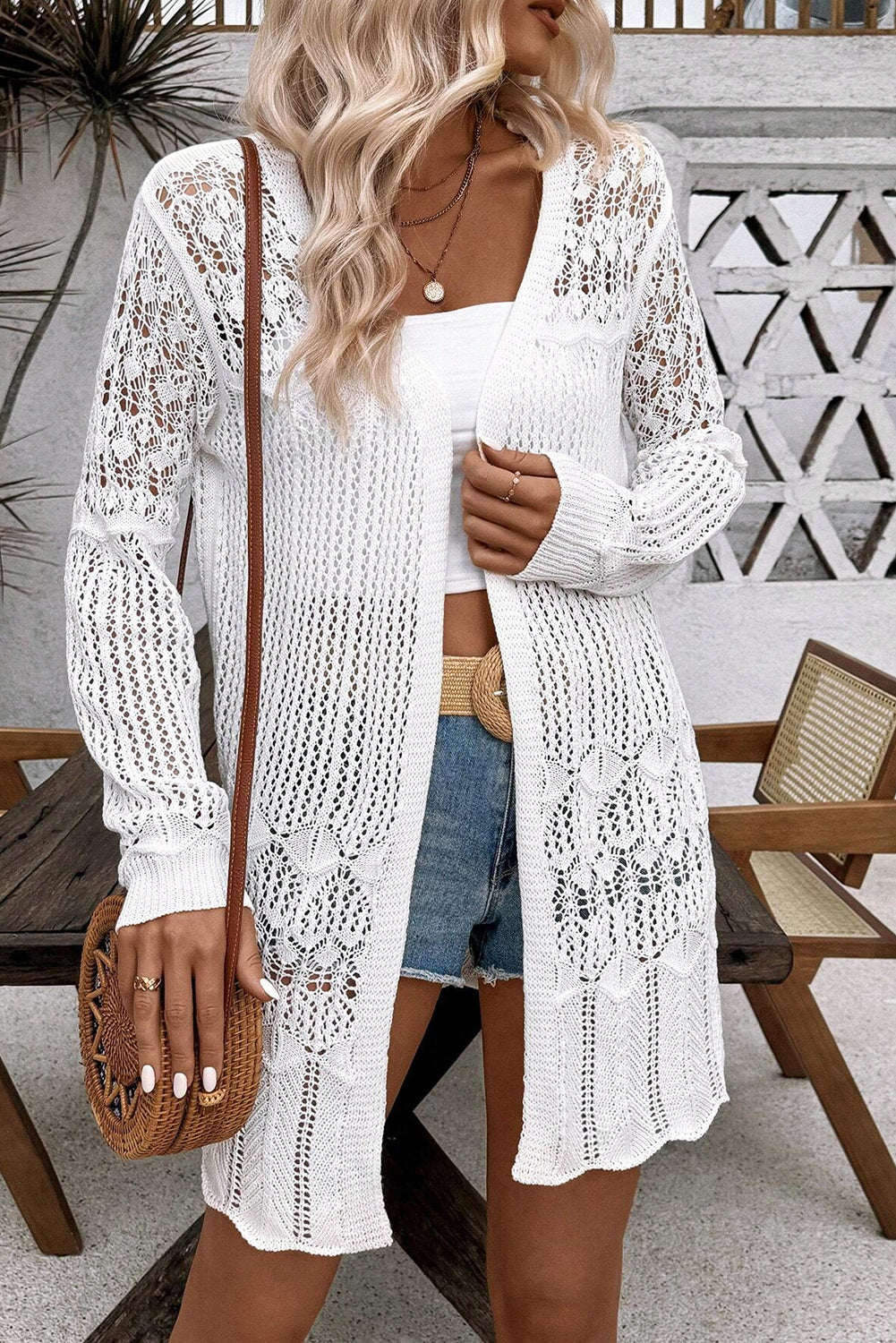 White Crochet Hollow Out Open Front Cardigan