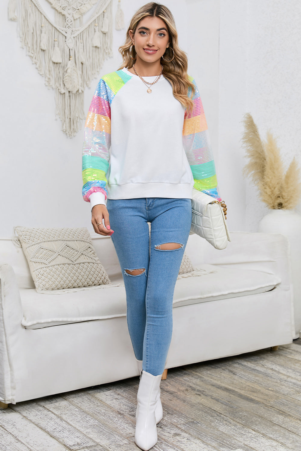 Gray Sequin Color Block Long Sleeve Pullover Sweatshirt