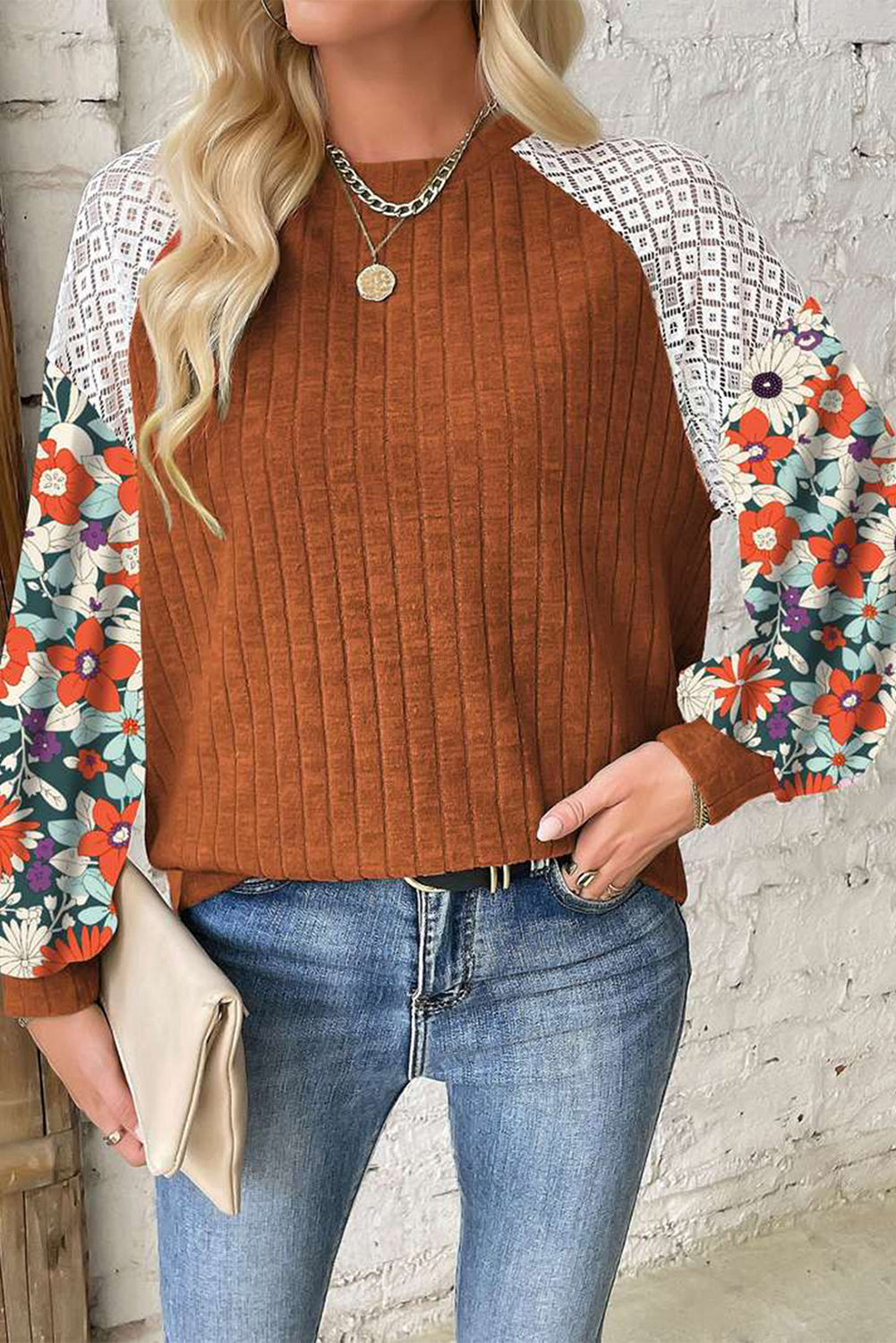 Cinnamon Floral Patchwork Raglan Sleeve Ribbed Top