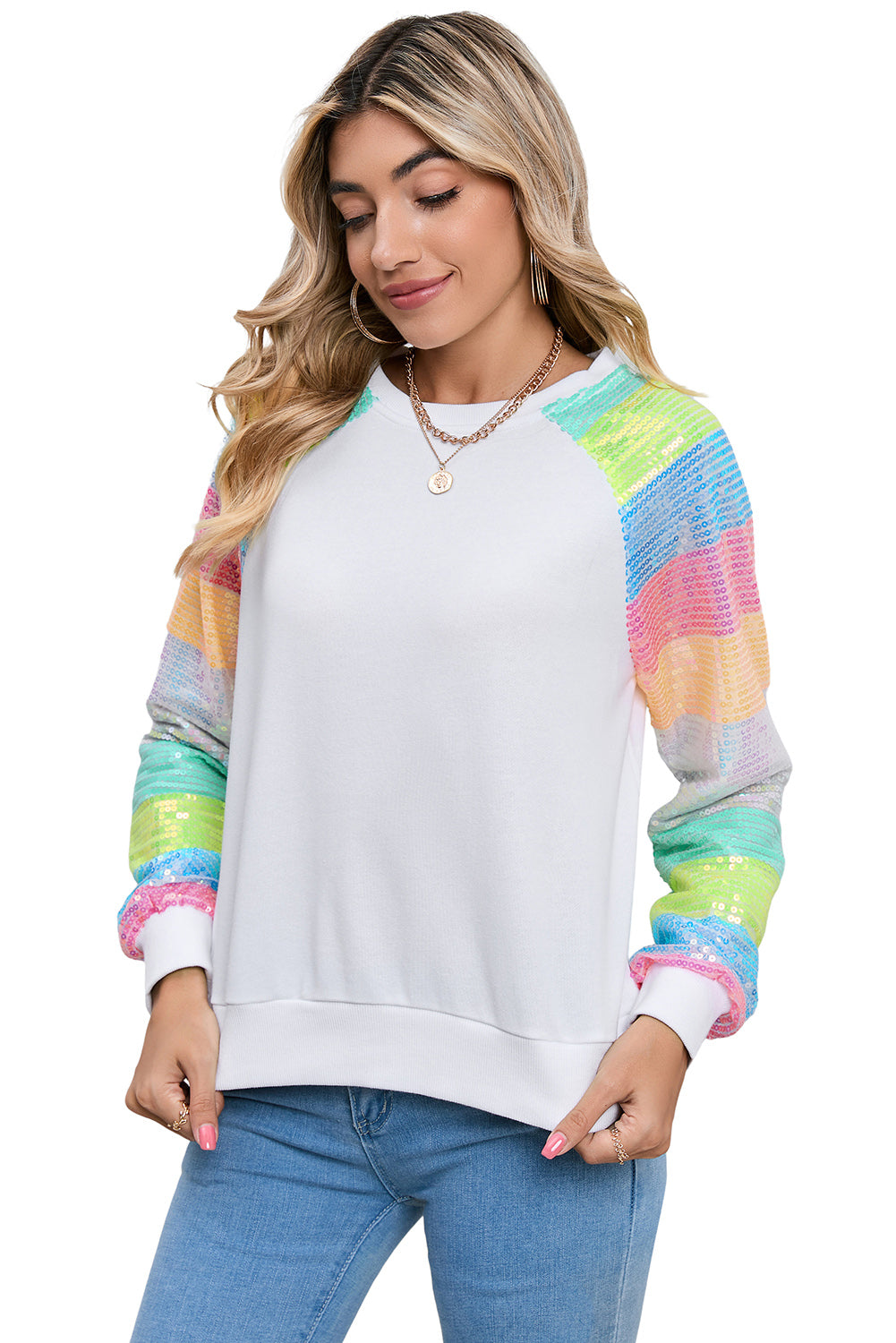 Gray Sequin Color Block Long Sleeve Pullover Sweatshirt